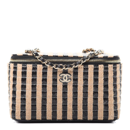 Chanel Raffia Jute Striped Small Vanity Case With Chain Black Beige 1 of 11
