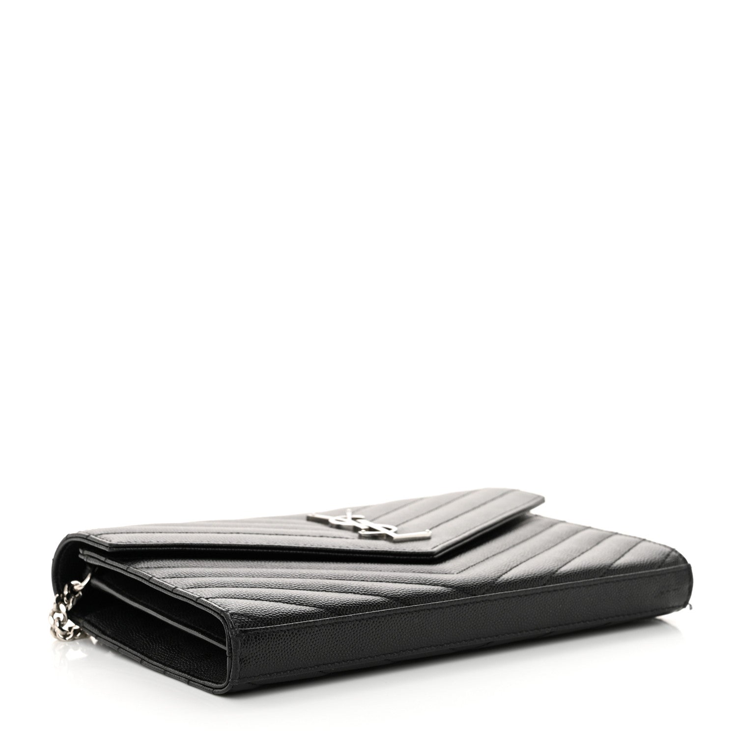Saint Laurent Grain De Poudre Matelasse Chevron Monogram Chain Wallet Black 4 of 14
