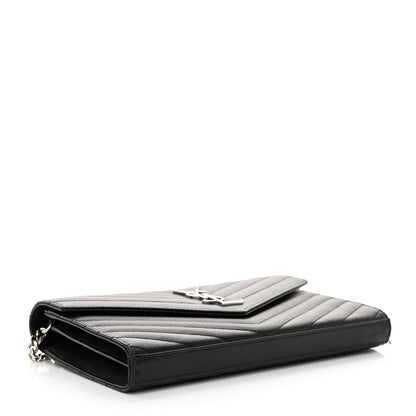 Saint Laurent Grain De Poudre Matelasse Chevron Monogram Chain Wallet Black 4 of 14