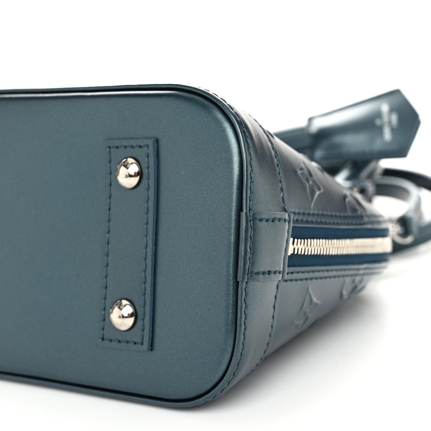 Metallic Calfskin Debossed Monogram Alma BB Steel Blue