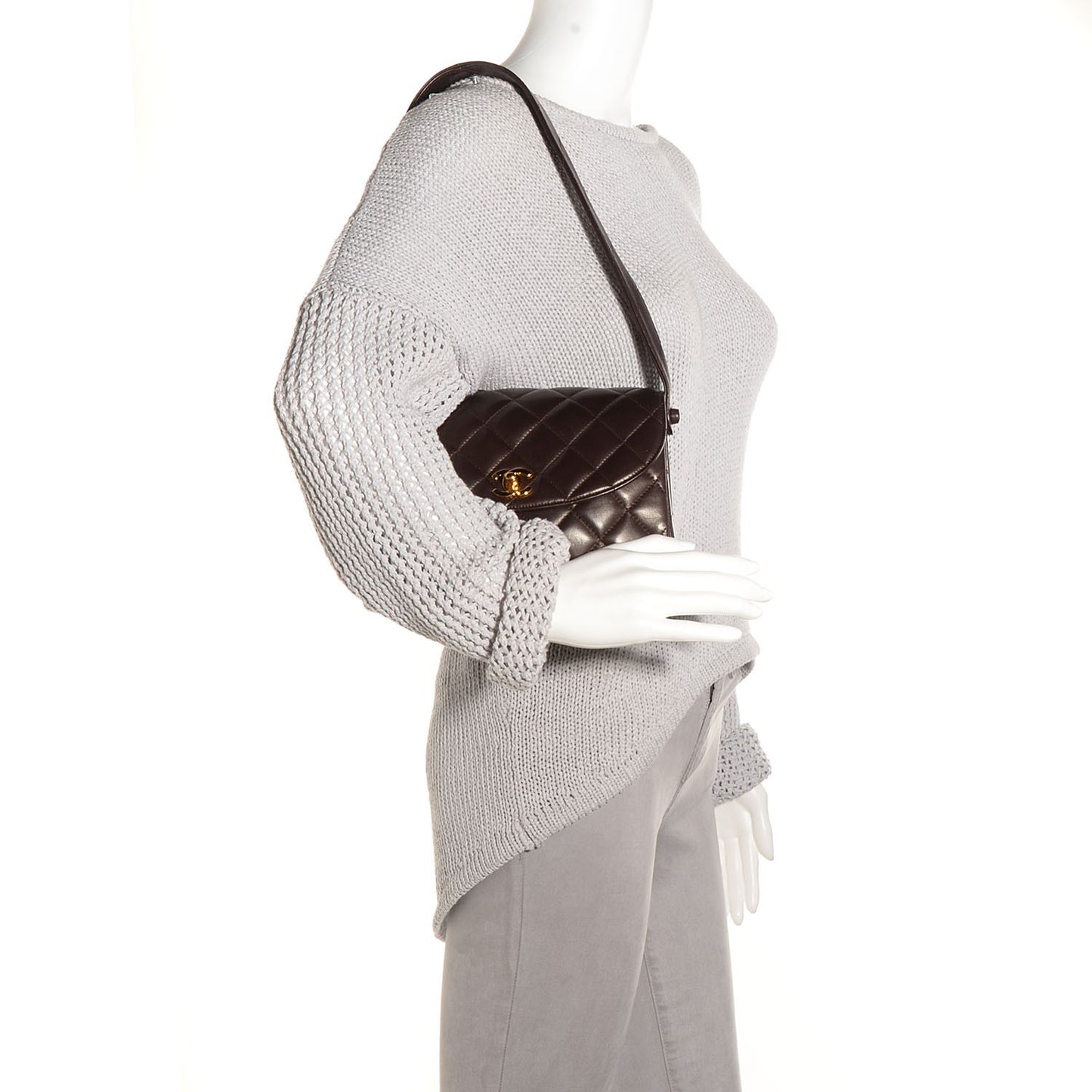 Lambskin Quilted Flap Shoulder Bag Brown