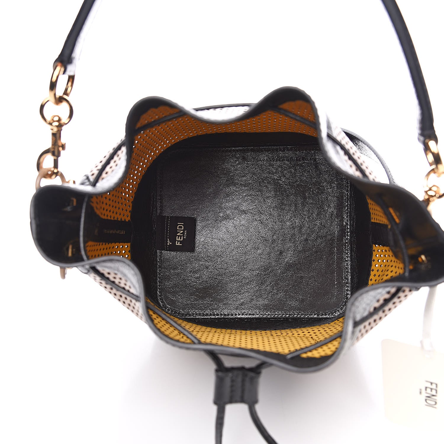 Fendi Vitello Liberty Glossy Lambskin F is Fendi Perforated Large Mon Tresor Bucket Bag Sand Mimosa Black 5 of 9