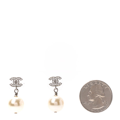 Chanel Crystal Pearl CC Drop Earrings Silver 2 of 4