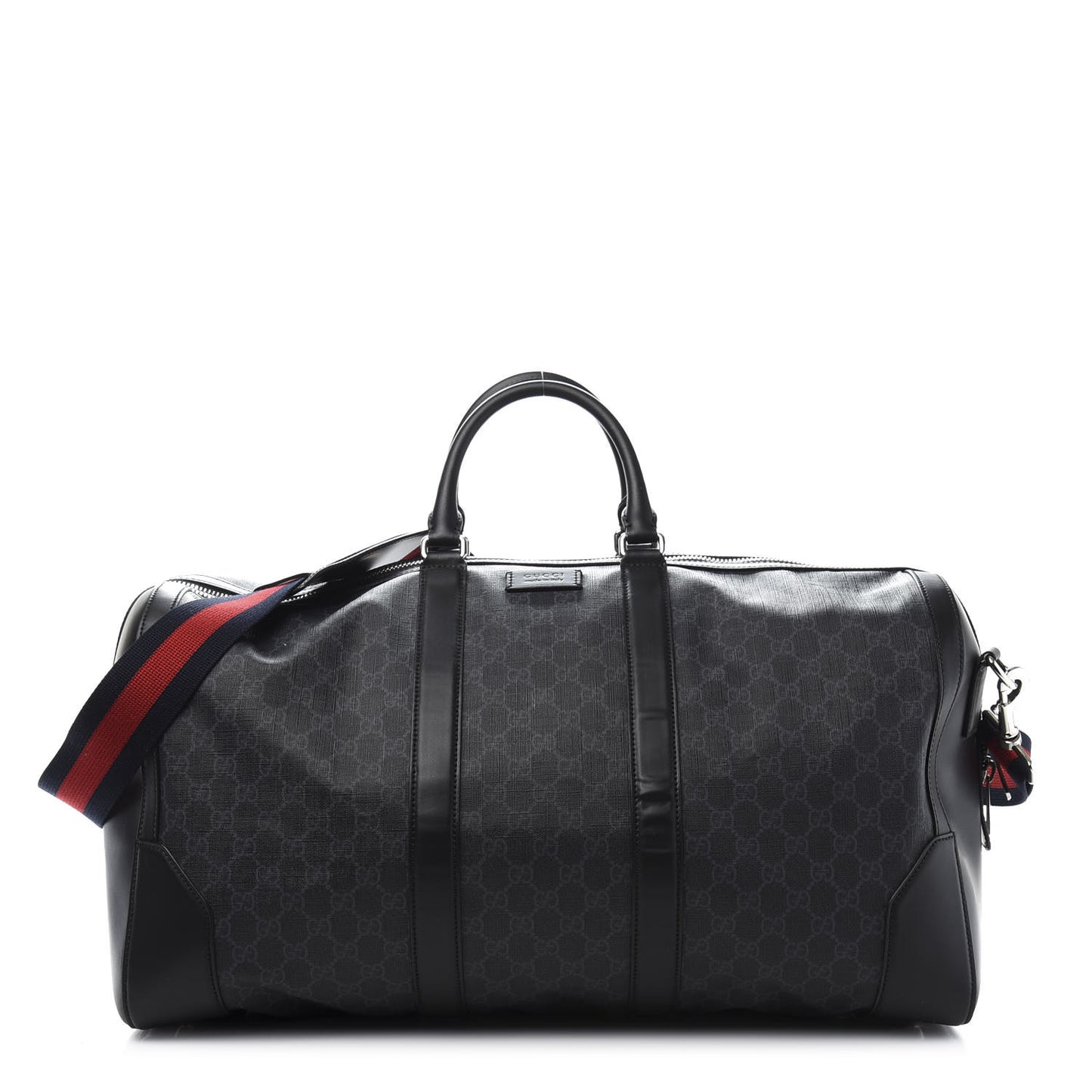 Soft GG Supreme Monogram Appia Calfskin Web Large Carry On Duffle Bag Black Grey