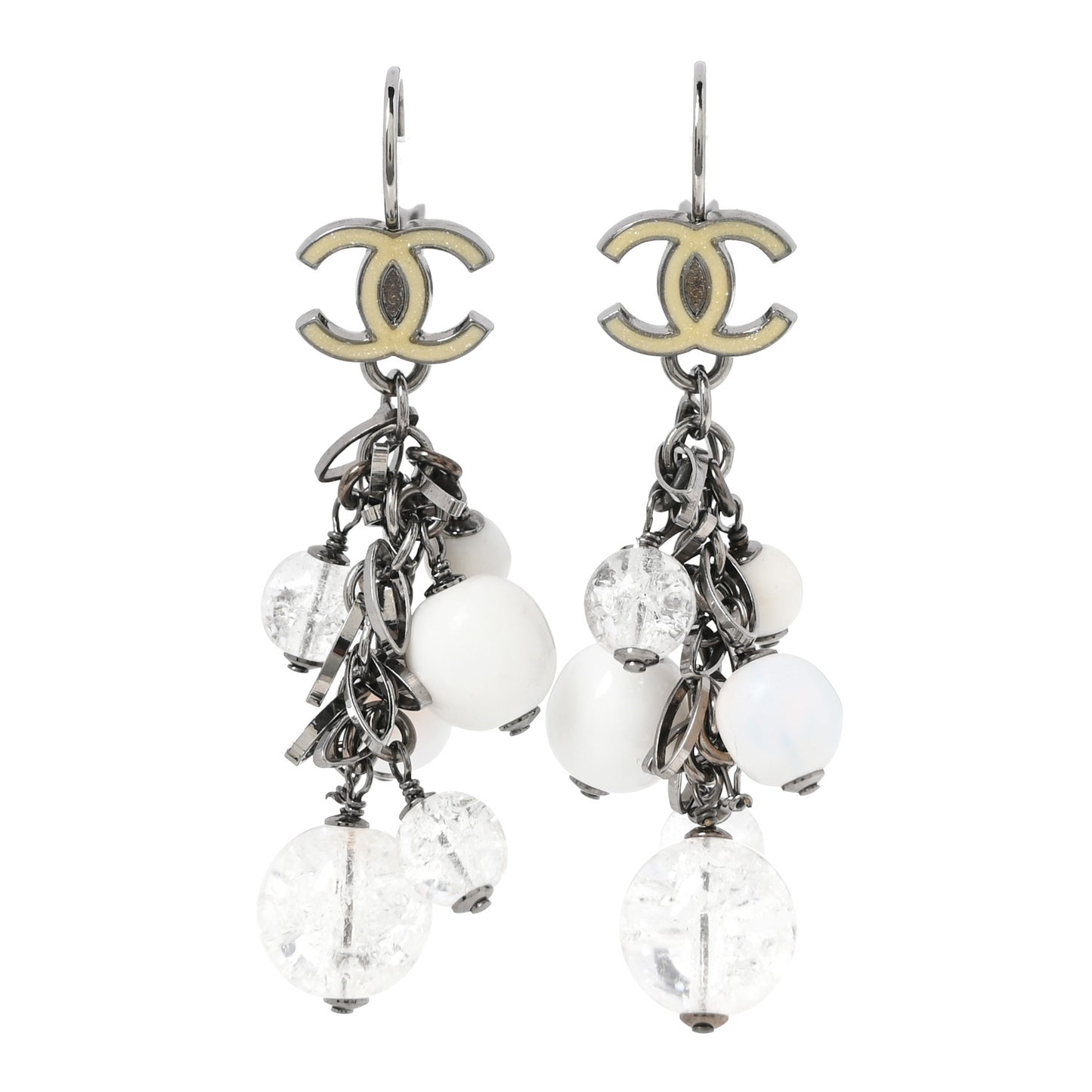 Enamel Beaded CC Drop Earrings White Silver