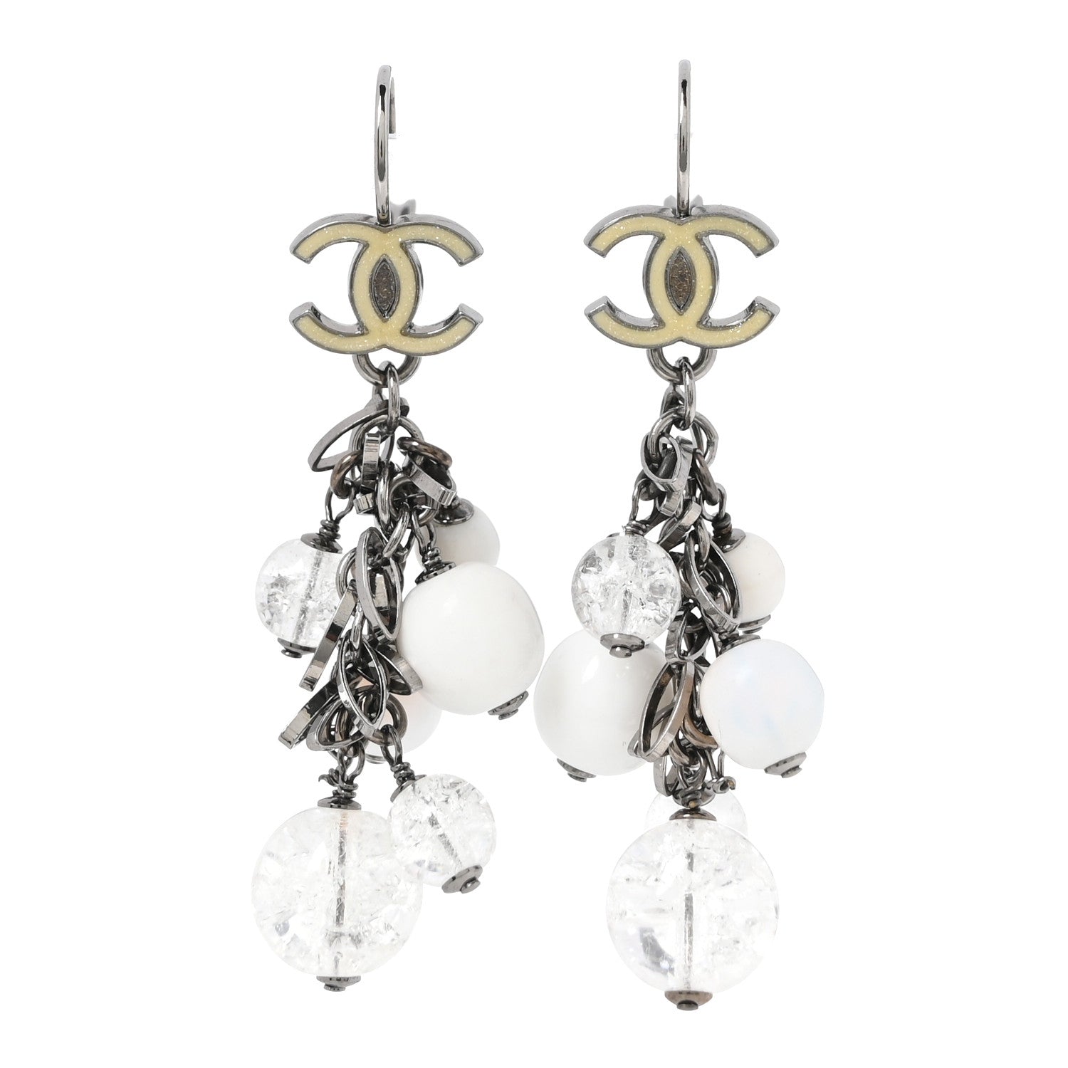 Chanel Enamel Beaded CC Drop Earrings White Silver 1 of 4