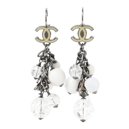 Chanel Enamel Beaded CC Drop Earrings White Silver 1 of 4