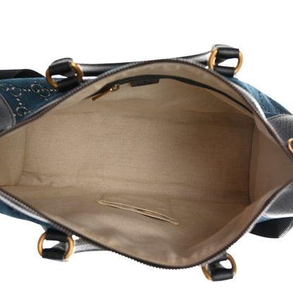 Gucci Velvet GG Monogram Textured Calfskin Web Medium Duffle Bag Blue Beige Black 4 of 11