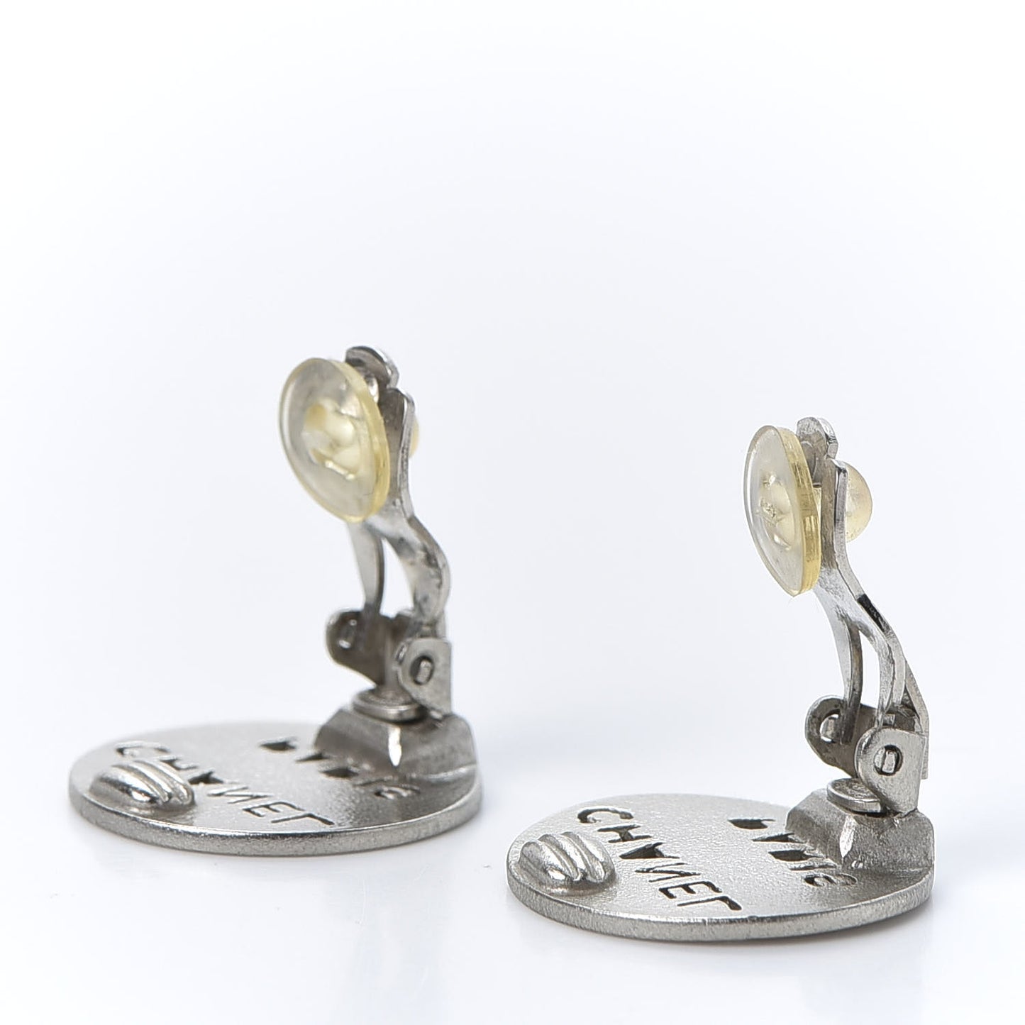 CHANE Logo Cutout Clip On Earrings Silver
