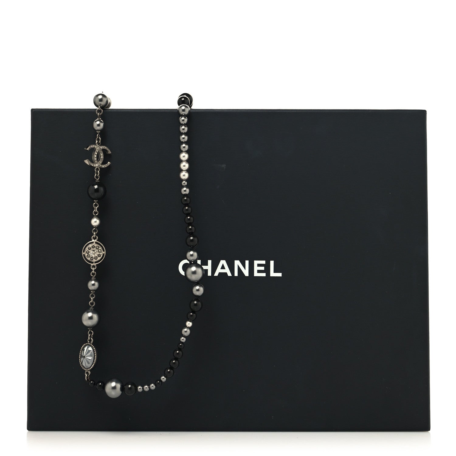 Chanel Pearl Crystal Beaded CC Long Necklace Black Silver 5 of 5