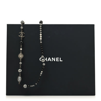 Chanel Pearl Crystal Beaded CC Long Necklace Black Silver 5 of 5