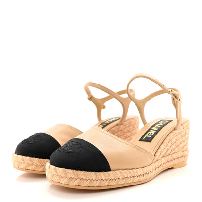 Chanel Lambskin Grosgrain CC Espadrilles Wedges 36 Beige Black 3 of 8