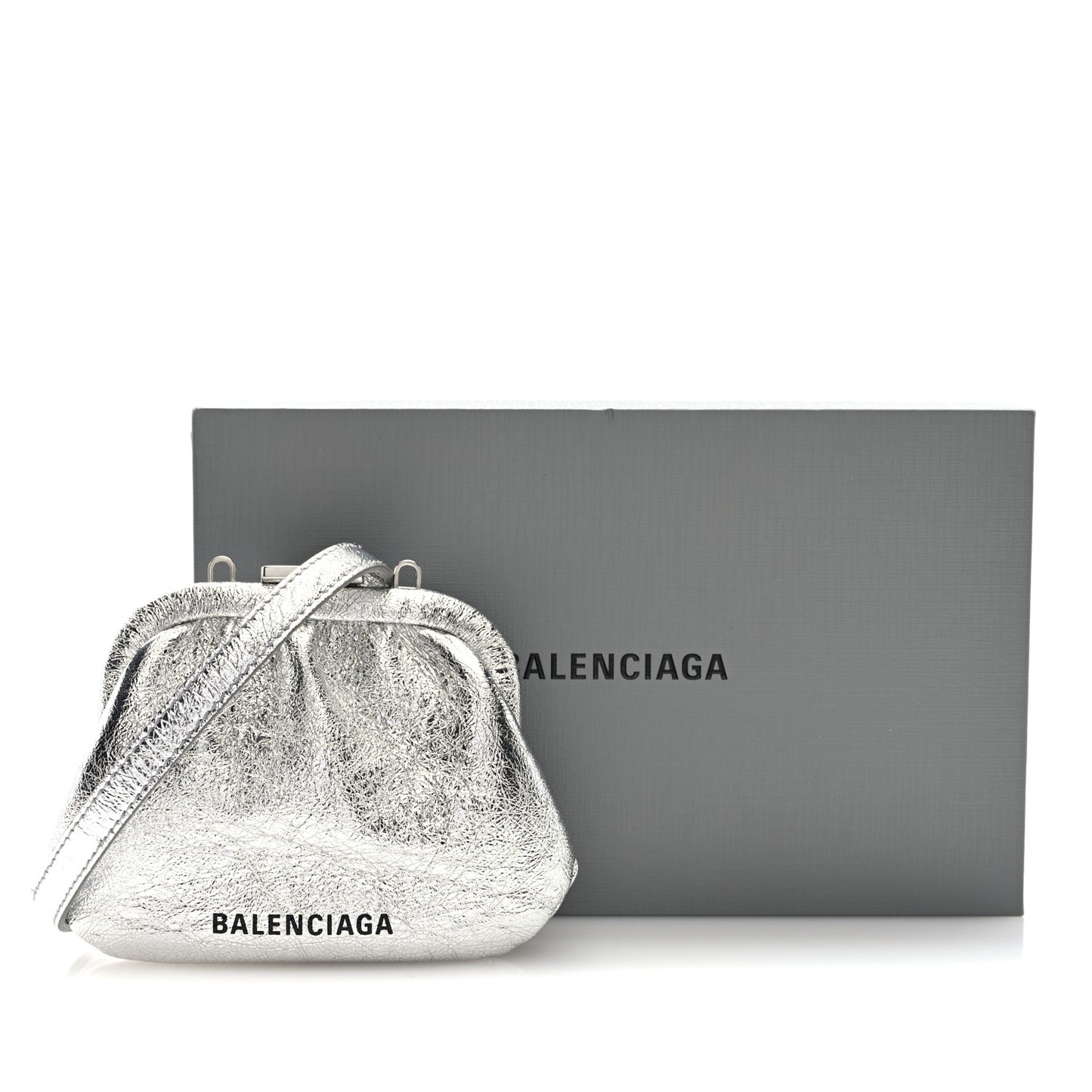 Metallic Textured Calfskin Logo Cloud Coin Purse With Strap Silver