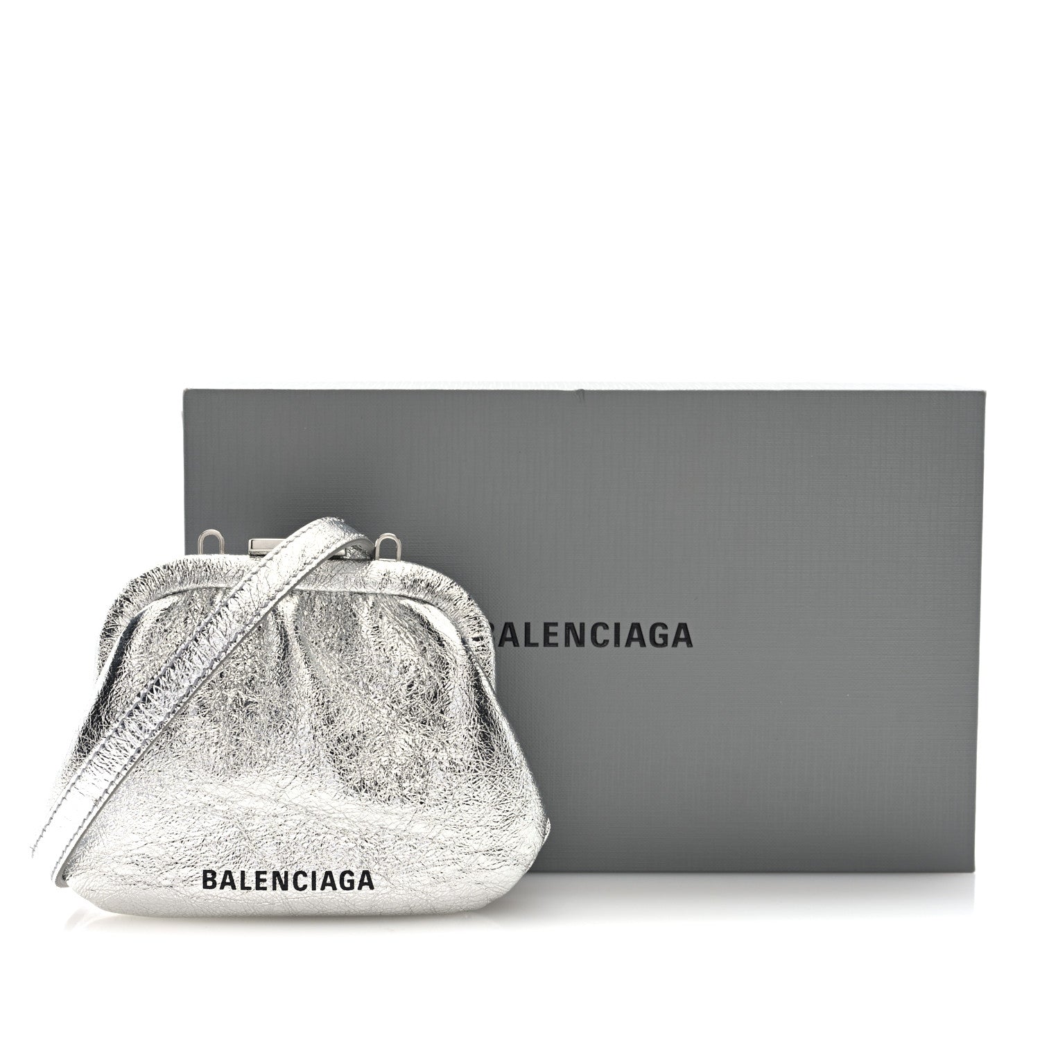Balenciaga Metallic Textured Calfskin Logo Cloud Coin Purse With Strap Silver 11 of 11