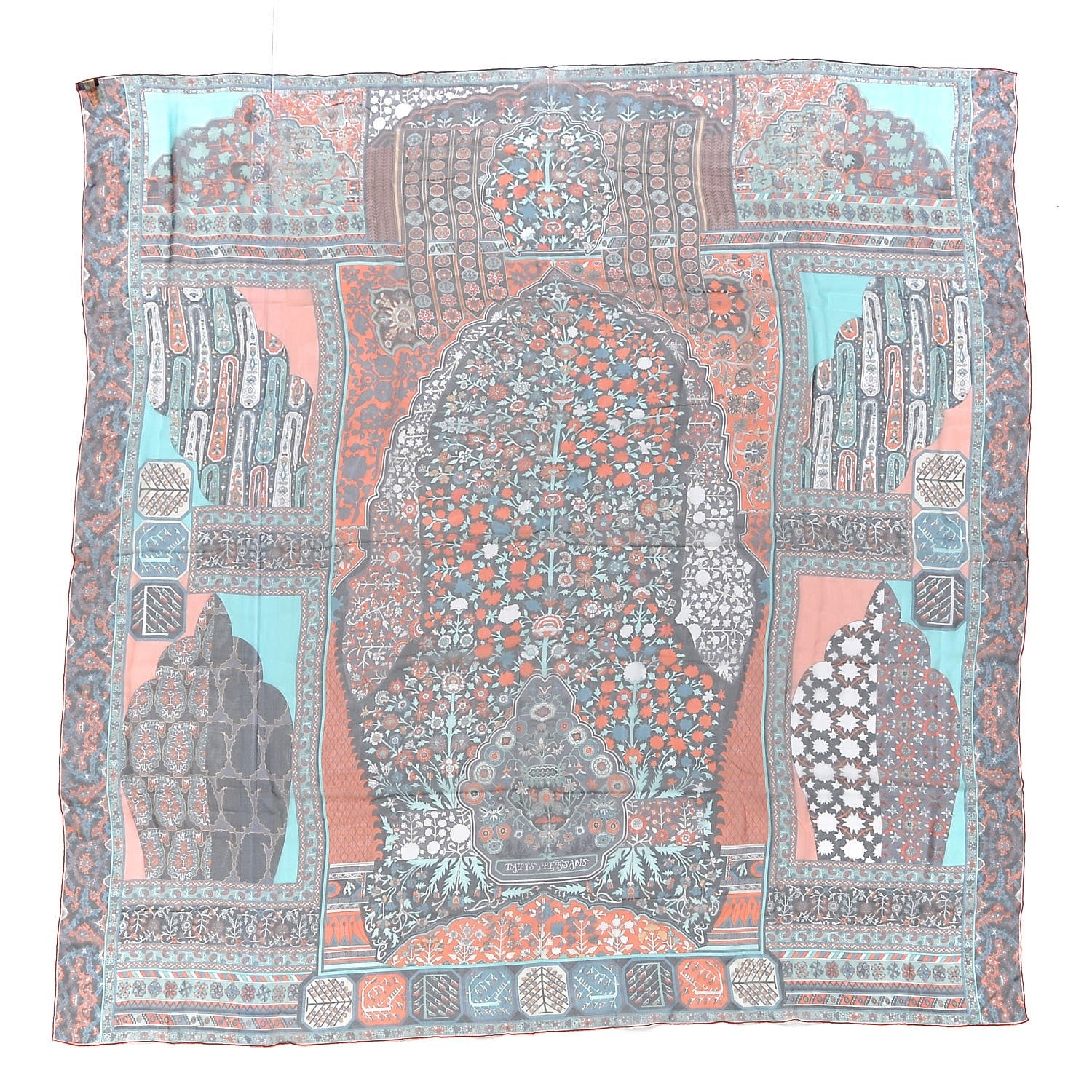 Hermes Silk Mousseline Tapis Persans Shawl 140 Orange Turquoise Saumon 1 of 5