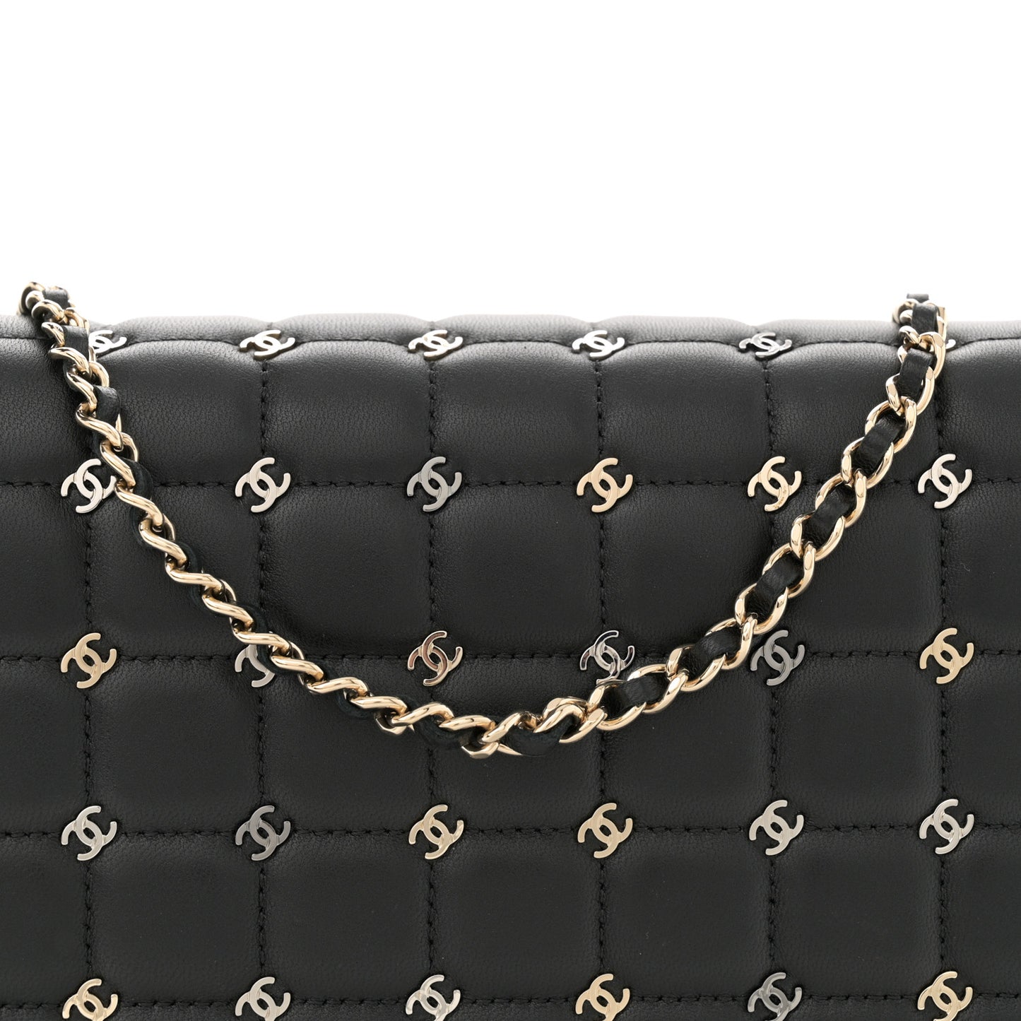 Lambskin Chocolate Bar Piercing CC Studded Small Chain Flap Bag Black