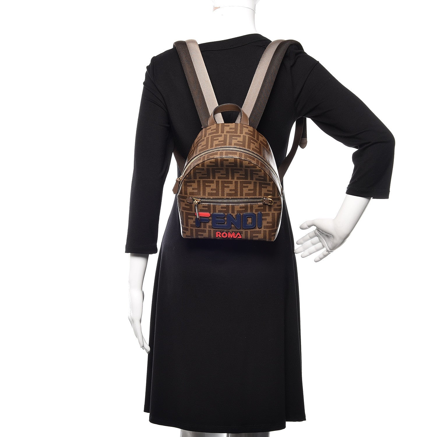 Fendi X FILA Glazed Fabric Vitello Century FF 1974 Mania Mini Backpack Mogano Panna Blueberry 2 of 11