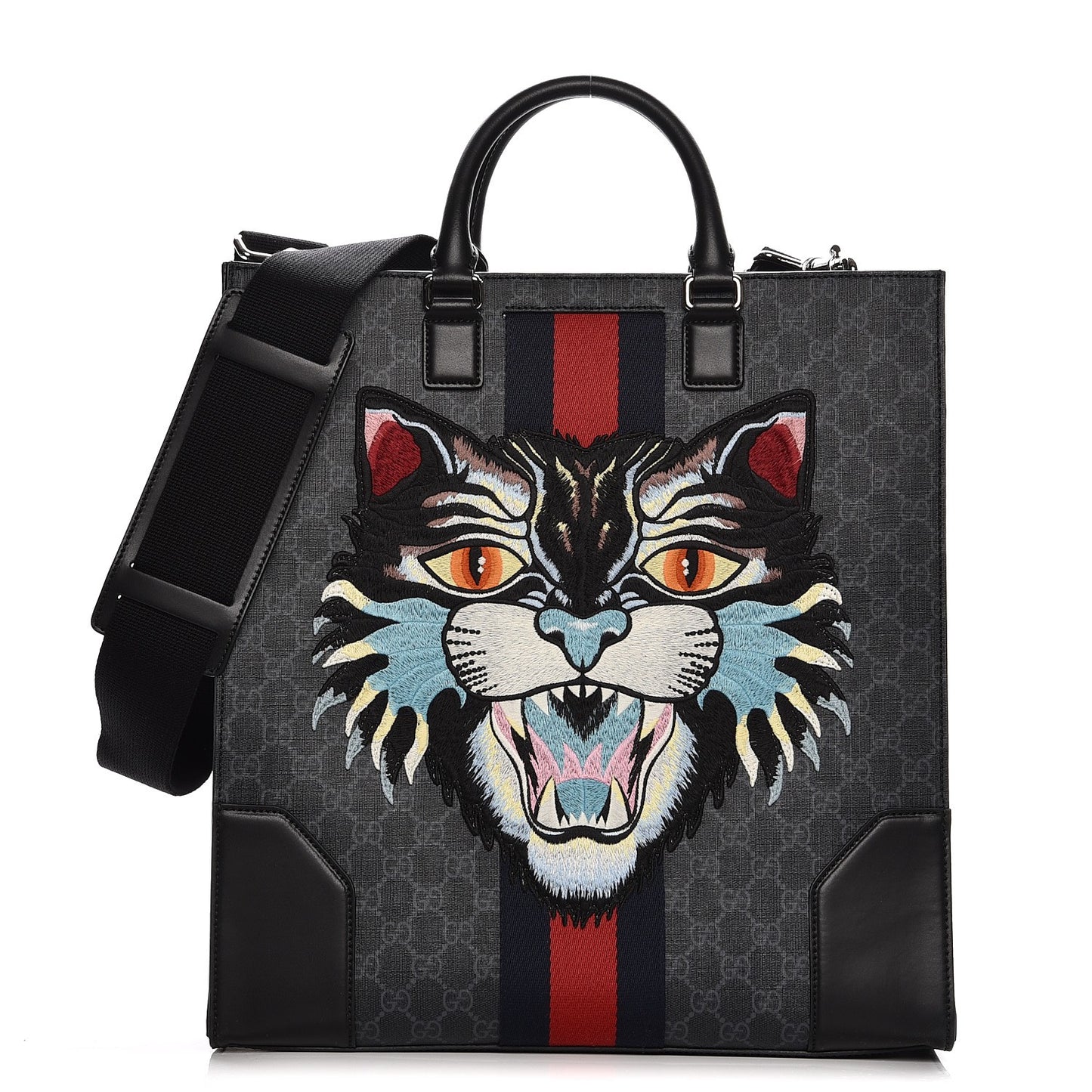 GG Supreme Monogram Web Angry Cat Embroidered Vertical Tote Black Grey