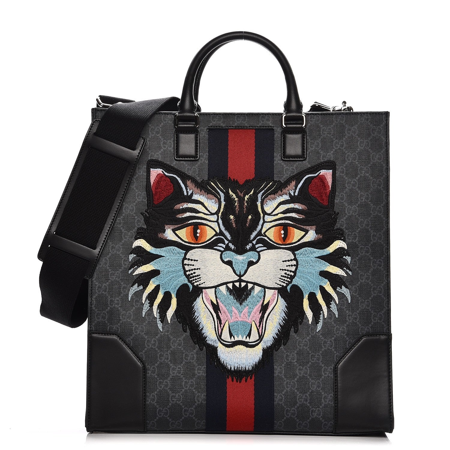 Gucci GG Supreme Monogram Web Angry Cat Embroidered Vertical Tote Black Grey 1 of 8