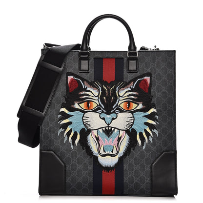 Gucci GG Supreme Monogram Web Angry Cat Embroidered Vertical Tote Black Grey 1 of 8