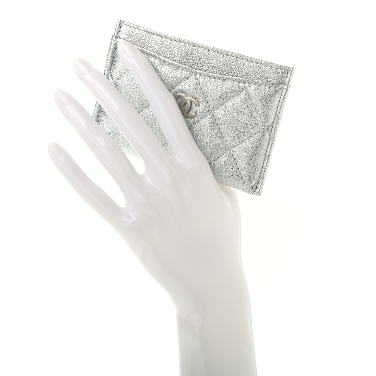 Metallic Lambskin Quilted Card Holder Silver