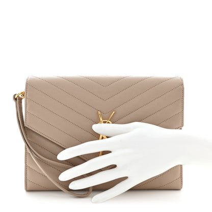 Saint Laurent Grain De Poudre Matelasse Chevron Monogram Envelope Clutch Dark Beige 2 of 12