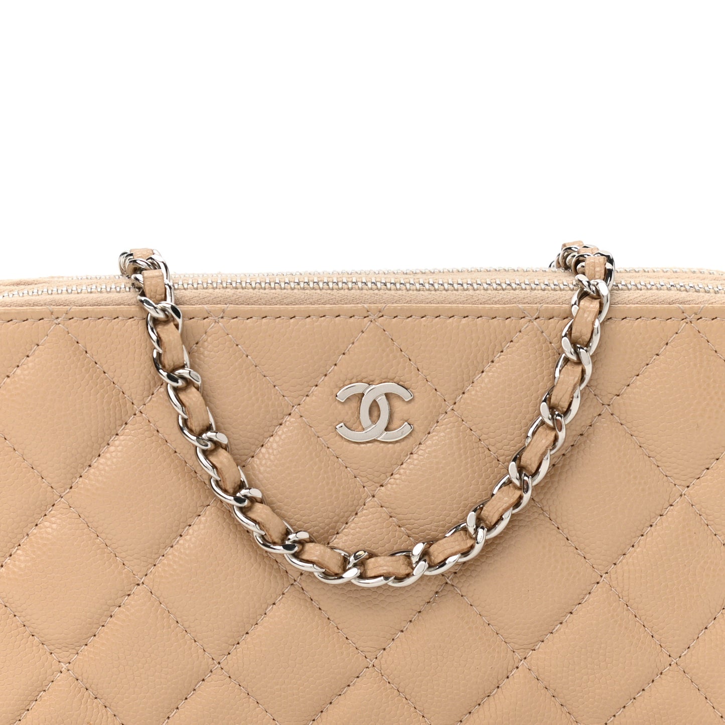 Caviar Quilted Small Clutch With Chain Beige