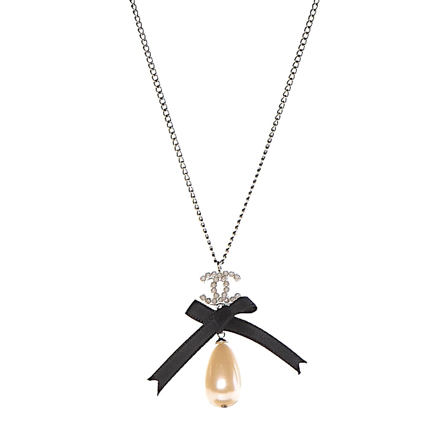 Pearl Ribbon CC Bow Necklace Black