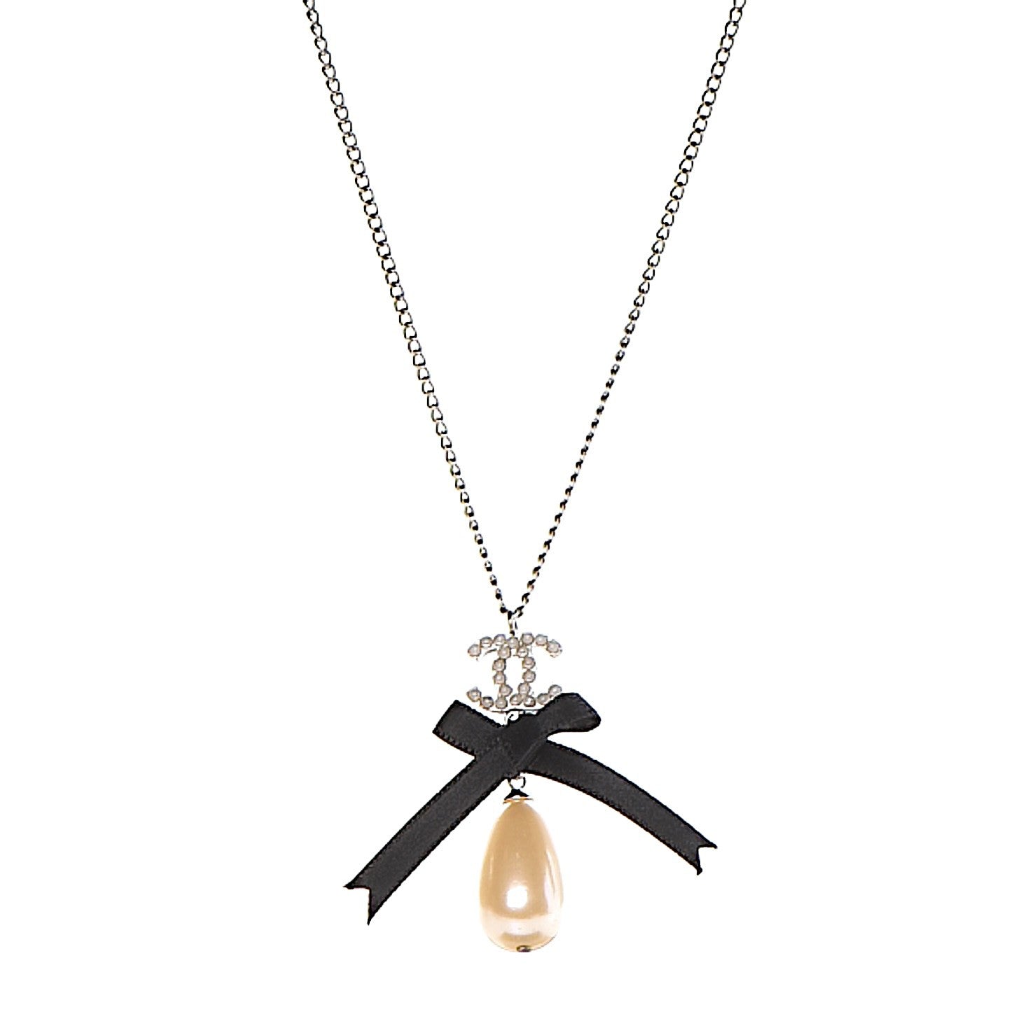 Chanel Pearl Ribbon CC Bow Necklace Black 1 of 6