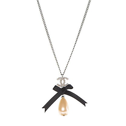 Chanel Pearl Ribbon CC Bow Necklace Black 1 of 6