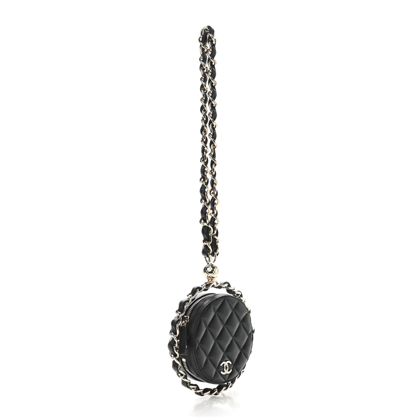 Lambskin Quilted Chain Round Mini Clutch Black