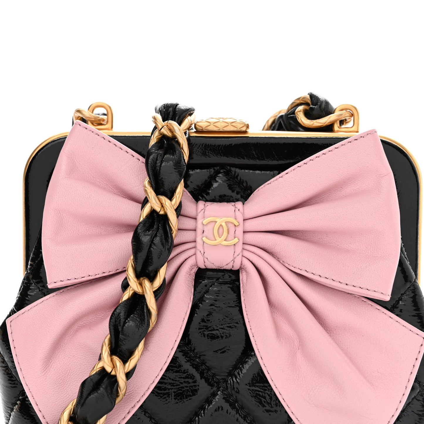 Patent Crumpled Lambskin Quilted Clutch With Chain Black Pink