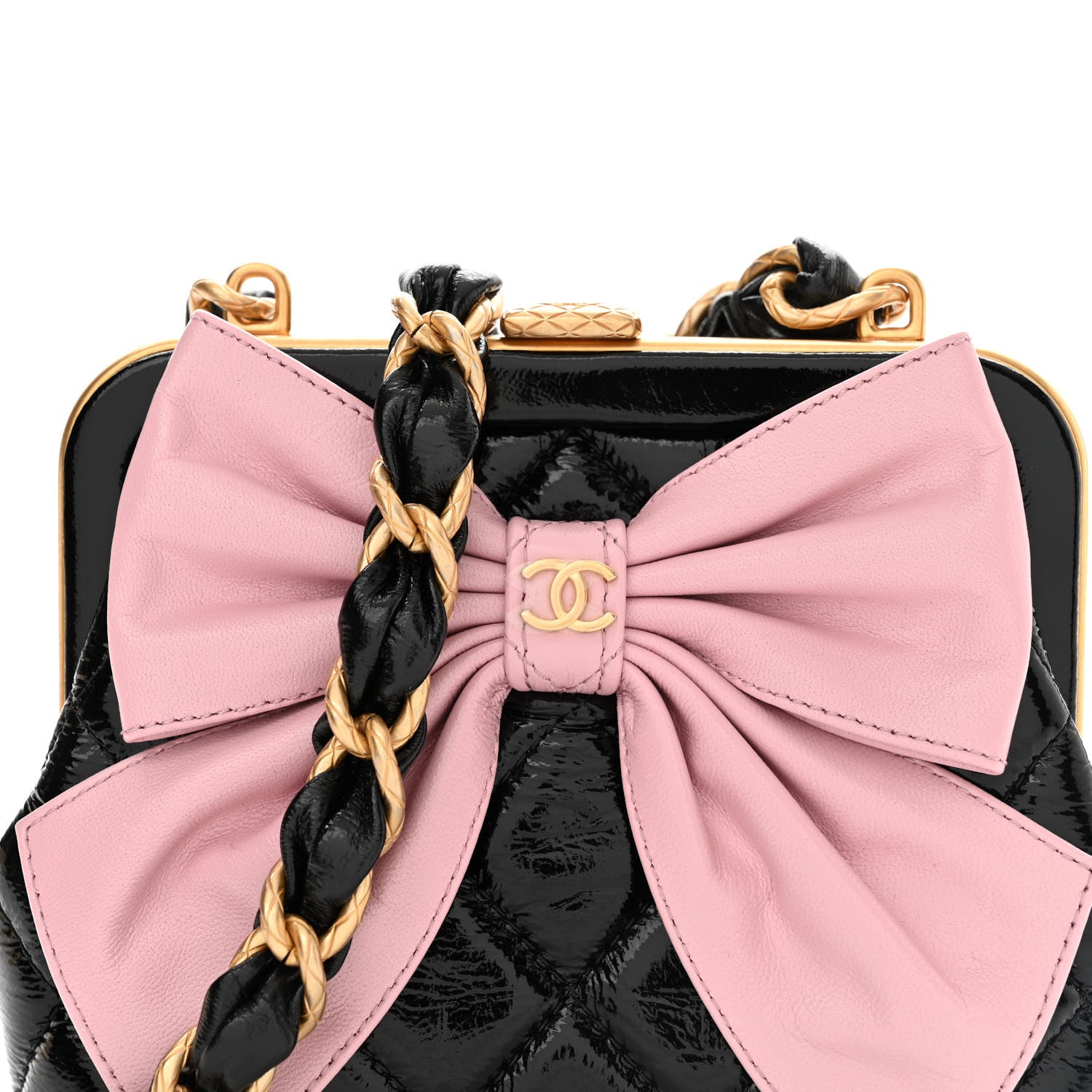 Chanel Patent Crumpled Lambskin Quilted Clutch With Chain Black Pink 8 of 11