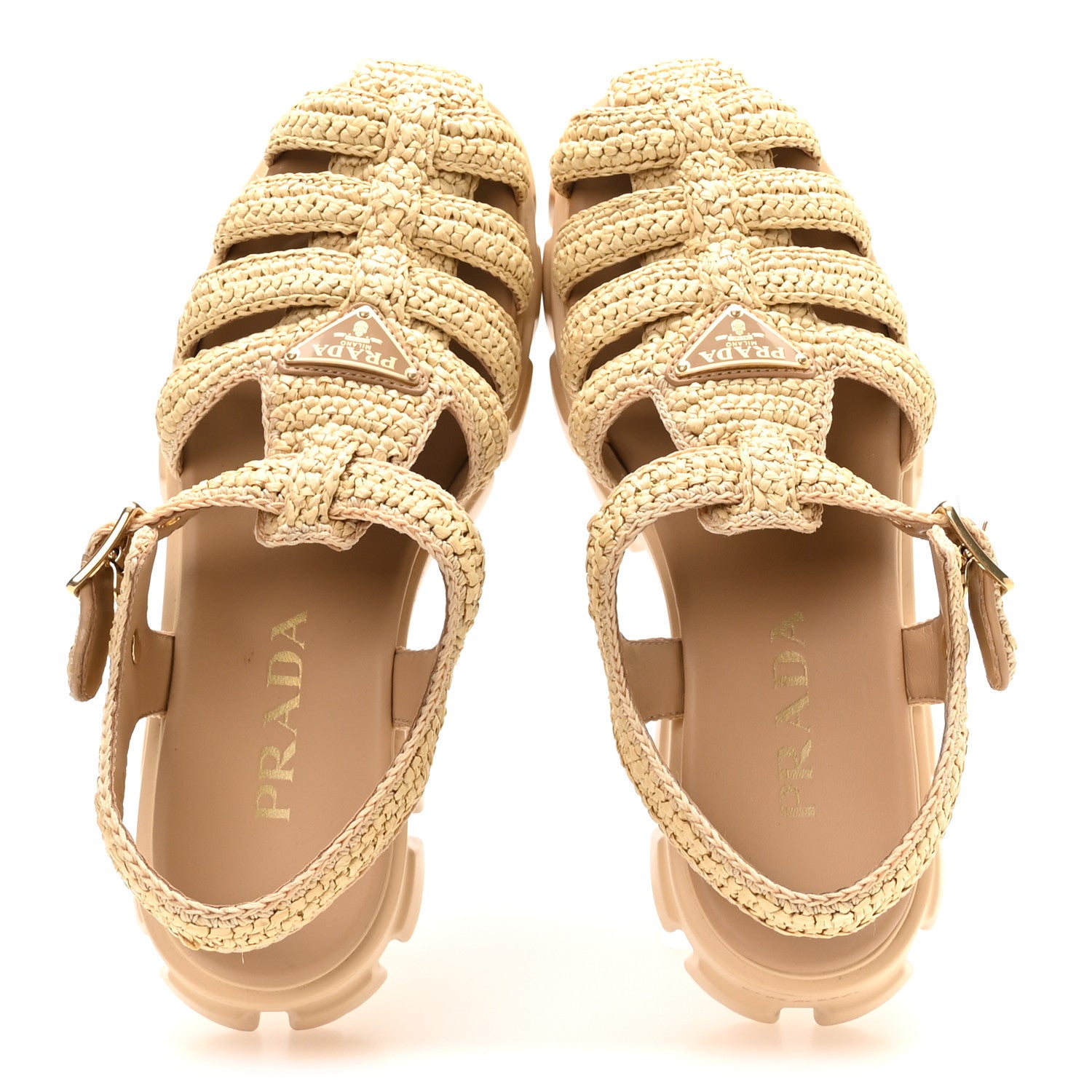 Prada Yarn Raffia Effect Metal Triangle Logo Crochet Monolith 55mm Cage Sandals 40 Naturale 2 of 7