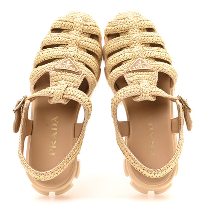 Prada Yarn Raffia Effect Metal Triangle Logo Crochet Monolith 55mm Cage Sandals 40 Naturale 2 of 7