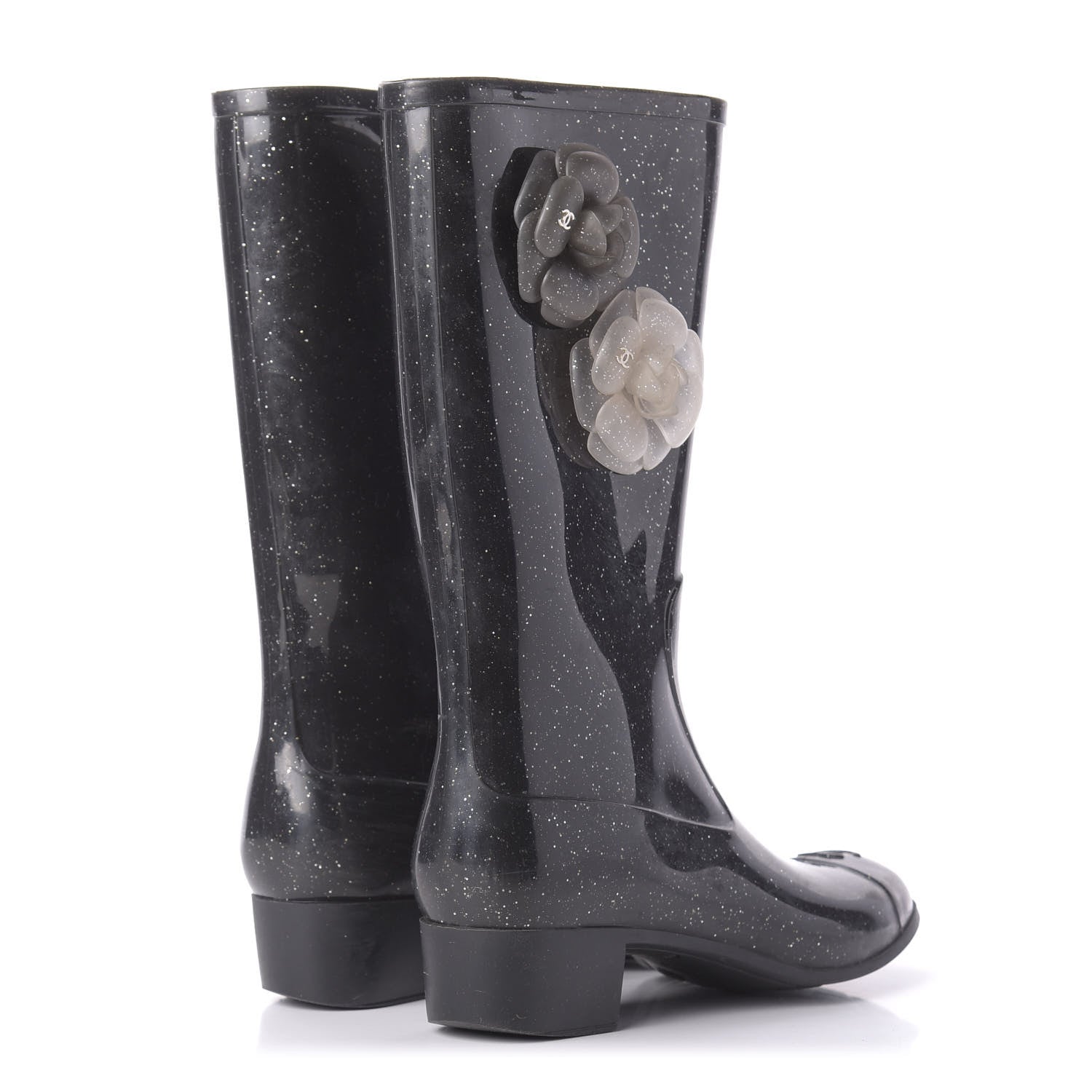Chanel Rubber Glitter Camellia Rain Boots 40 Black 4 of 10