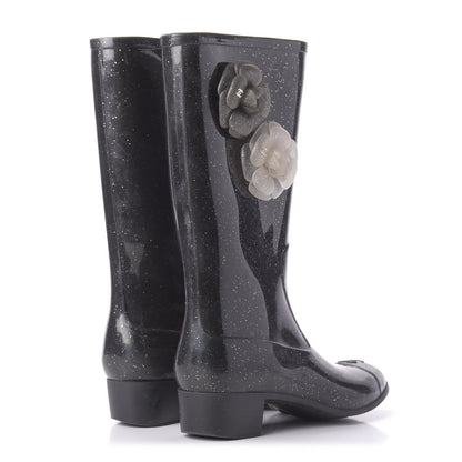 Chanel Rubber Glitter Camellia Rain Boots 40 Black 4 of 10