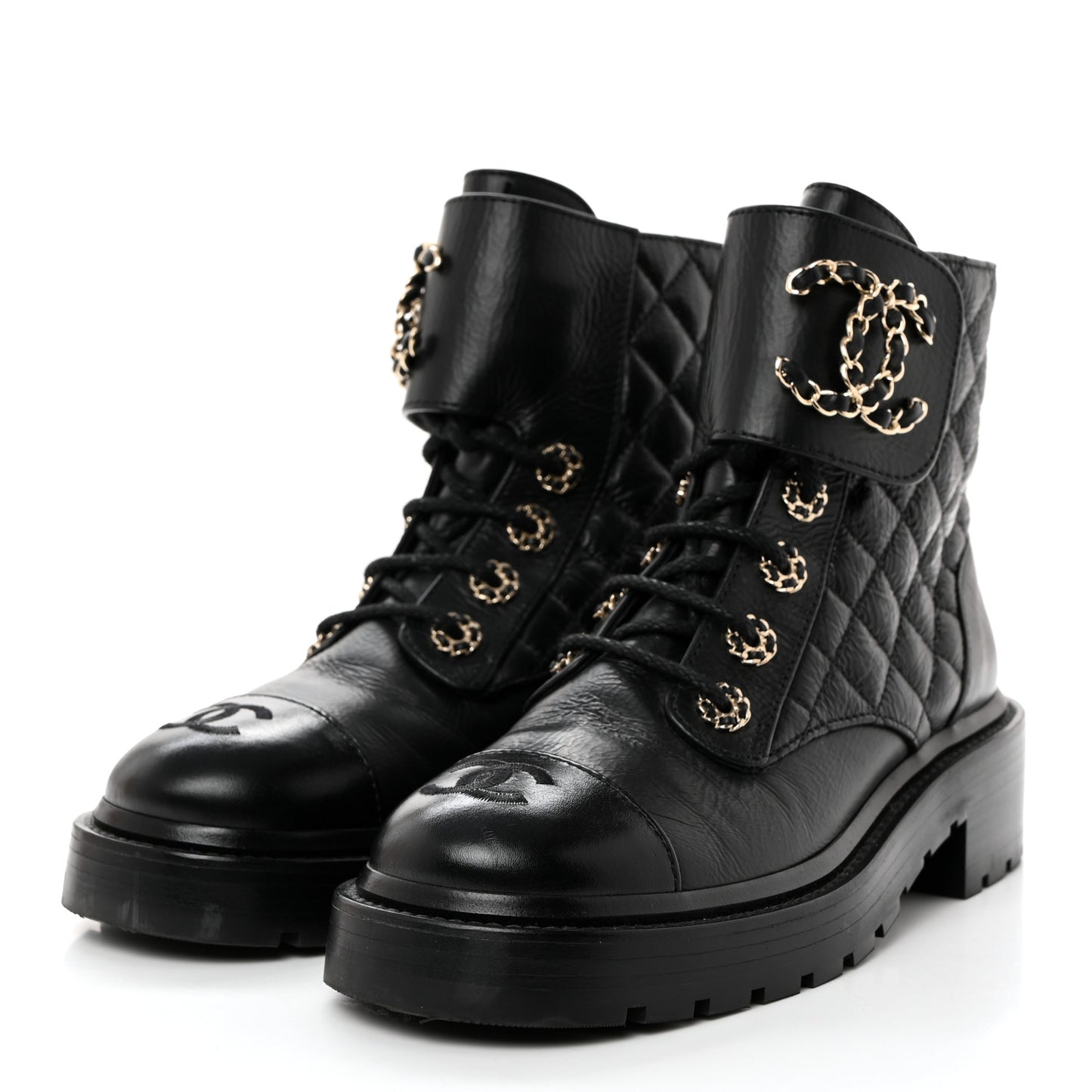 Shiny Calfskin Quilted Lace Up Combat Boots 35.5 Black