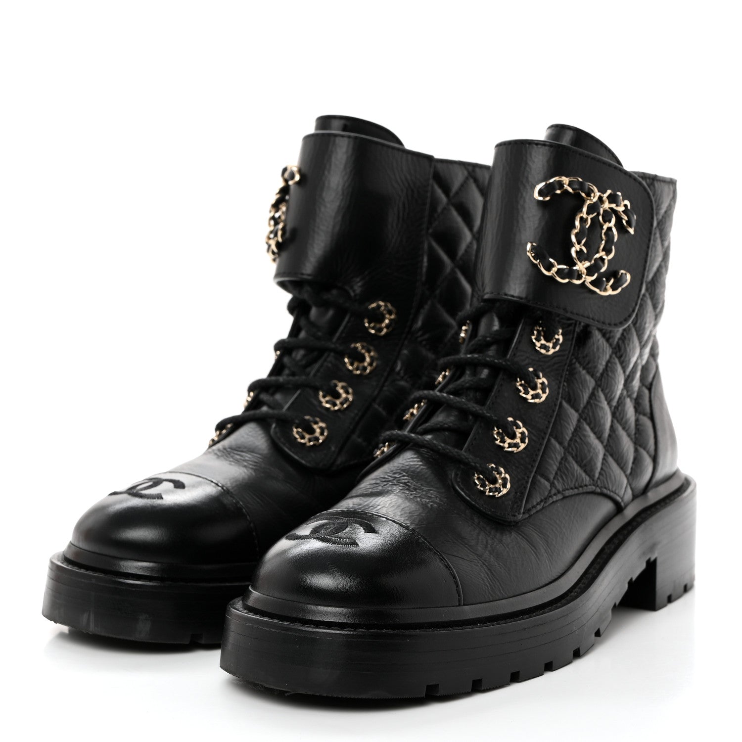 Chanel Shiny Calfskin Quilted Lace Up Combat Boots 35.5 Black 3 of 8