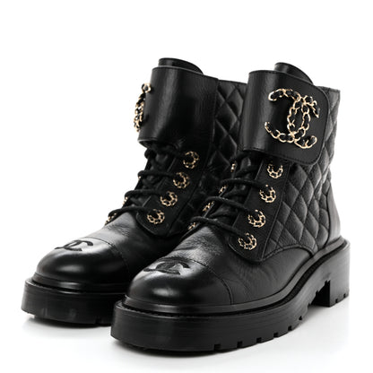 Chanel Shiny Calfskin Quilted Lace Up Combat Boots 35.5 Black 3 of 8
