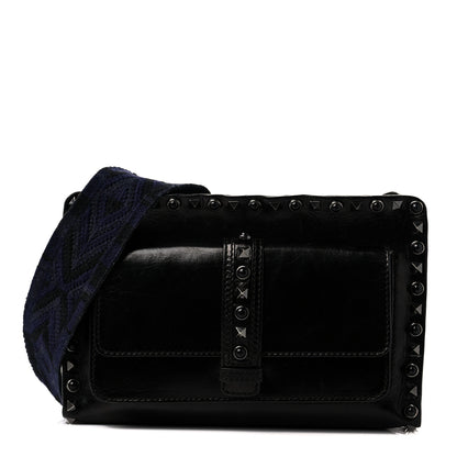 Valentino Garavani Craquele Calfskin Small Guitar Strap Rockstud Rolling Flap Pocket Shoulder Bag Black 1 of 9