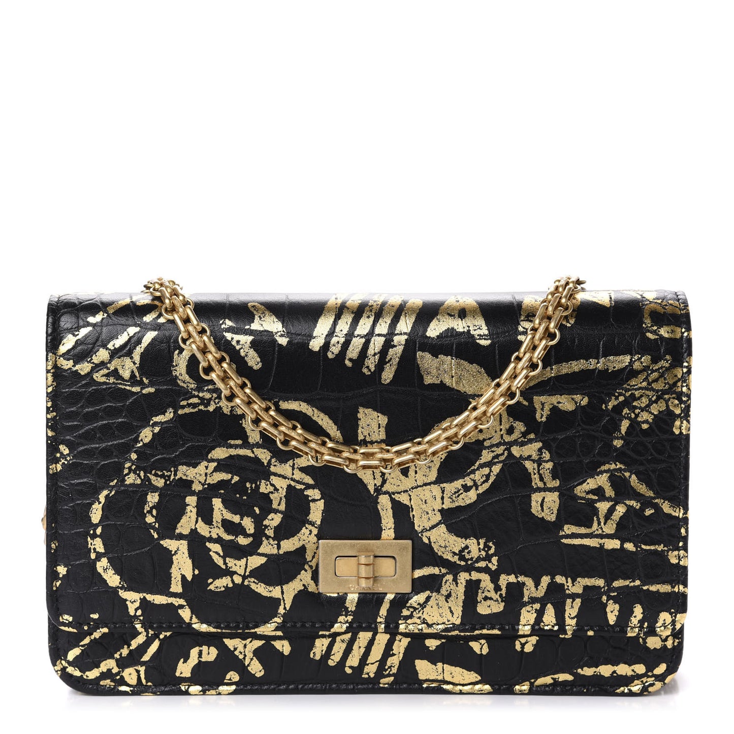 Calfskin Crocodile Embossed Graffiti 2.55 Cocodile Reissue Wallet On Chain WOC Black Gold