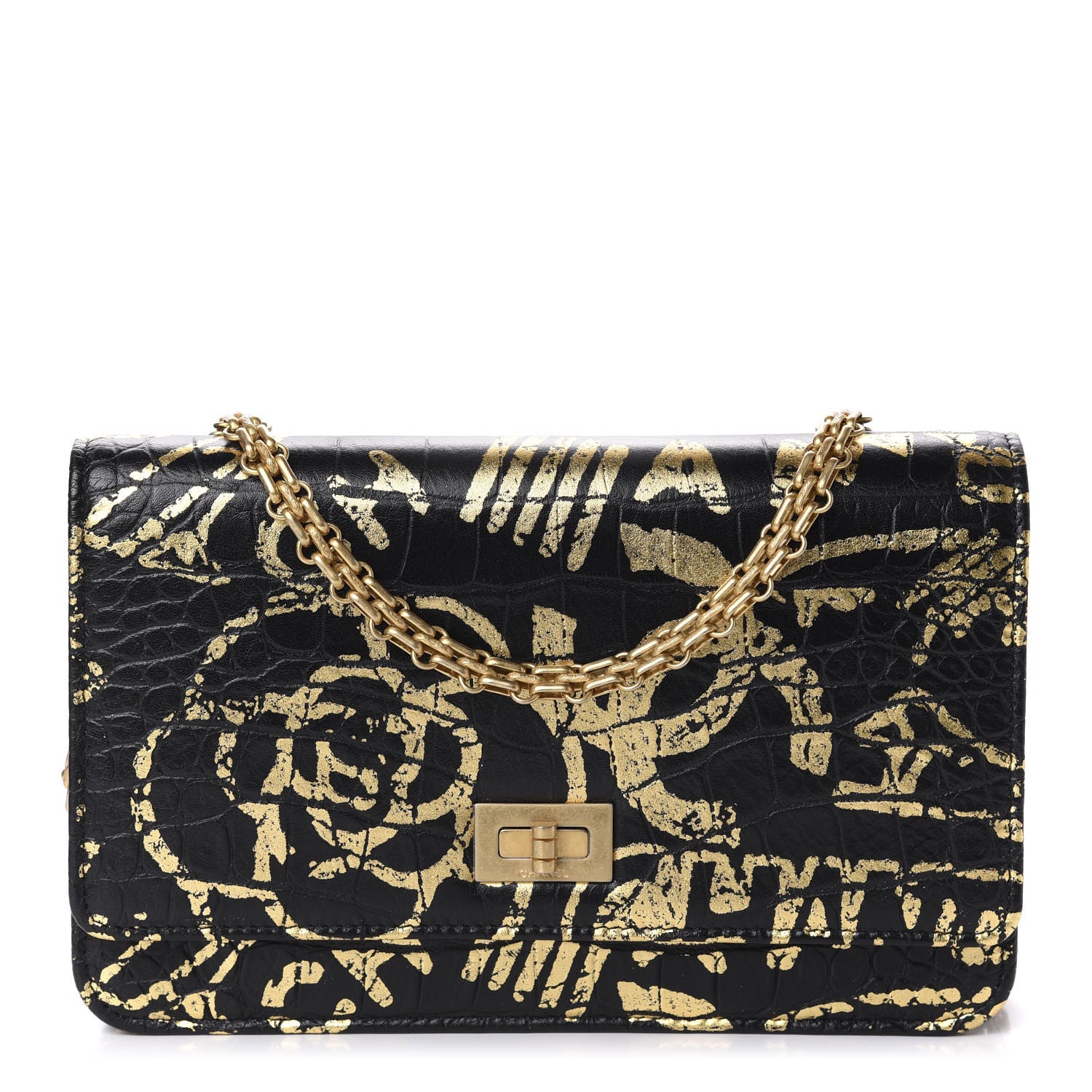 Chanel Calfskin Crocodile Embossed Graffiti 2.55 Cocodile Reissue Wallet On Chain WOC Black Gold 1 of 12
