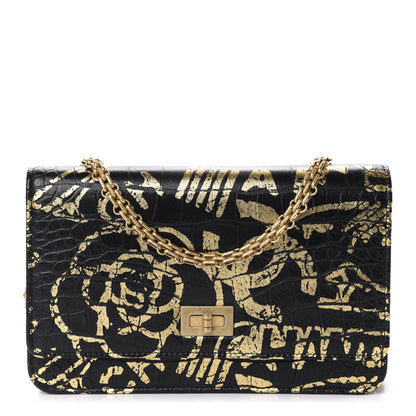 Chanel Calfskin Crocodile Embossed Graffiti 2.55 Cocodile Reissue Wallet On Chain WOC Black Gold 1 of 12