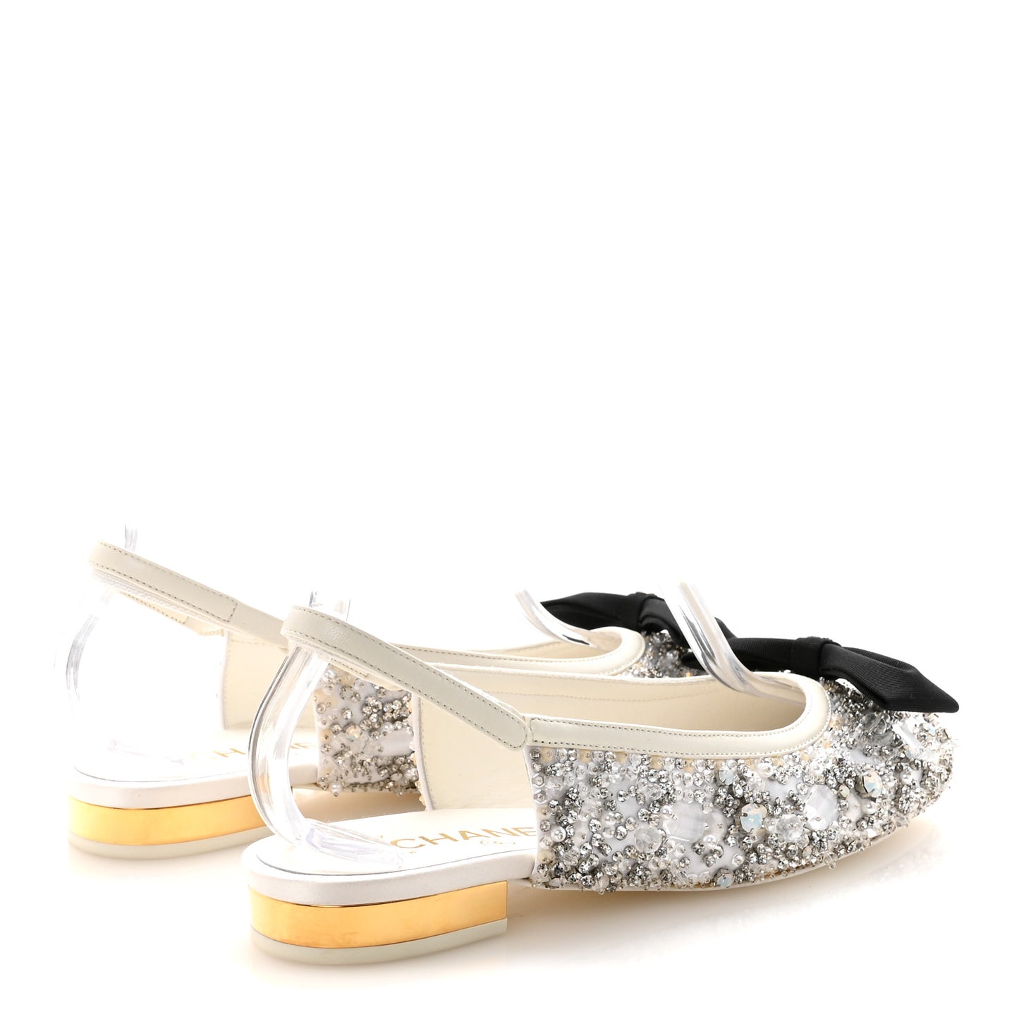 Satin Crystal Lambskin Grosgrain Bow CC Slingback Flats 38.5 White Black