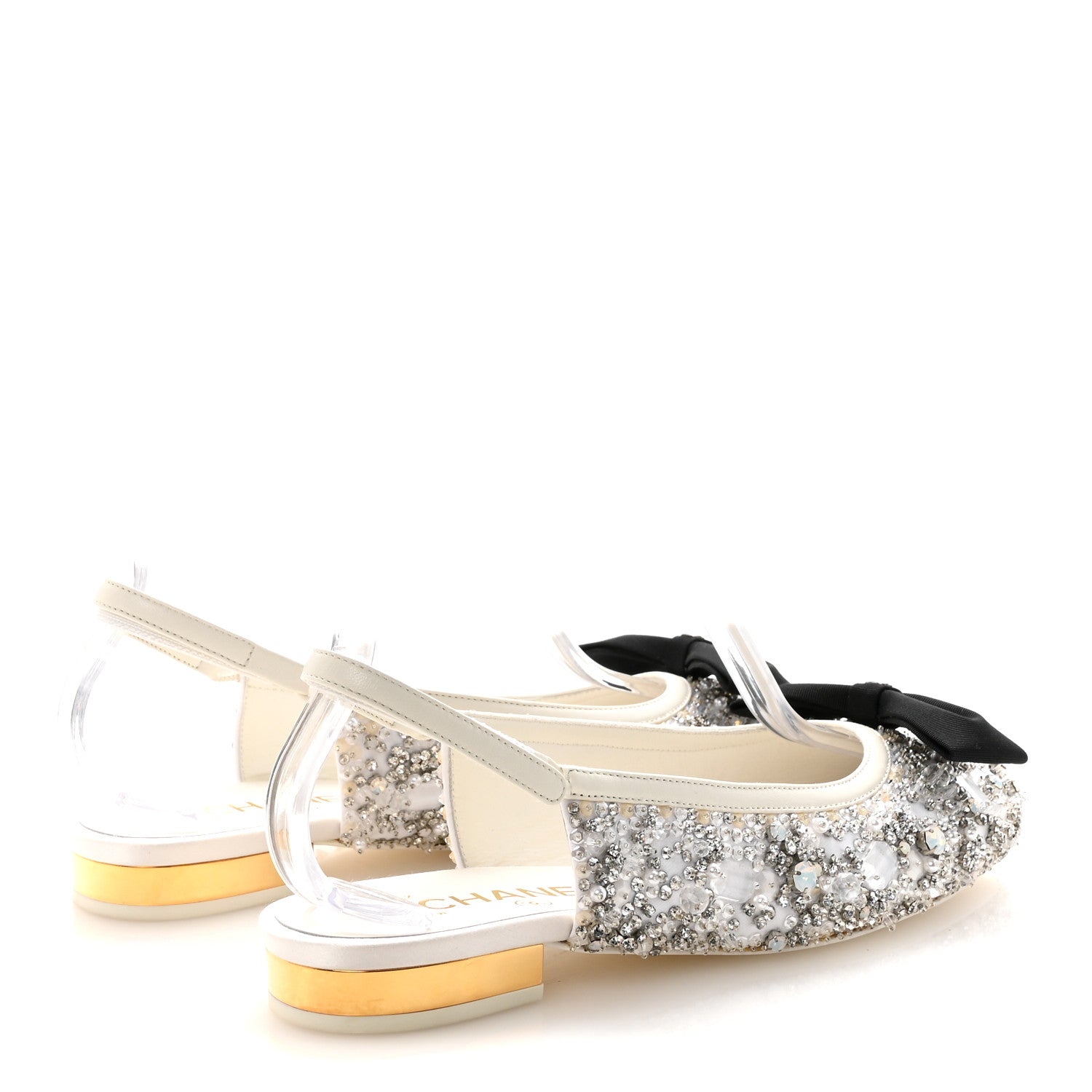 Chanel Satin Crystal Lambskin Grosgrain Bow CC Slingback Flats 38.5 White Black 5 of 10