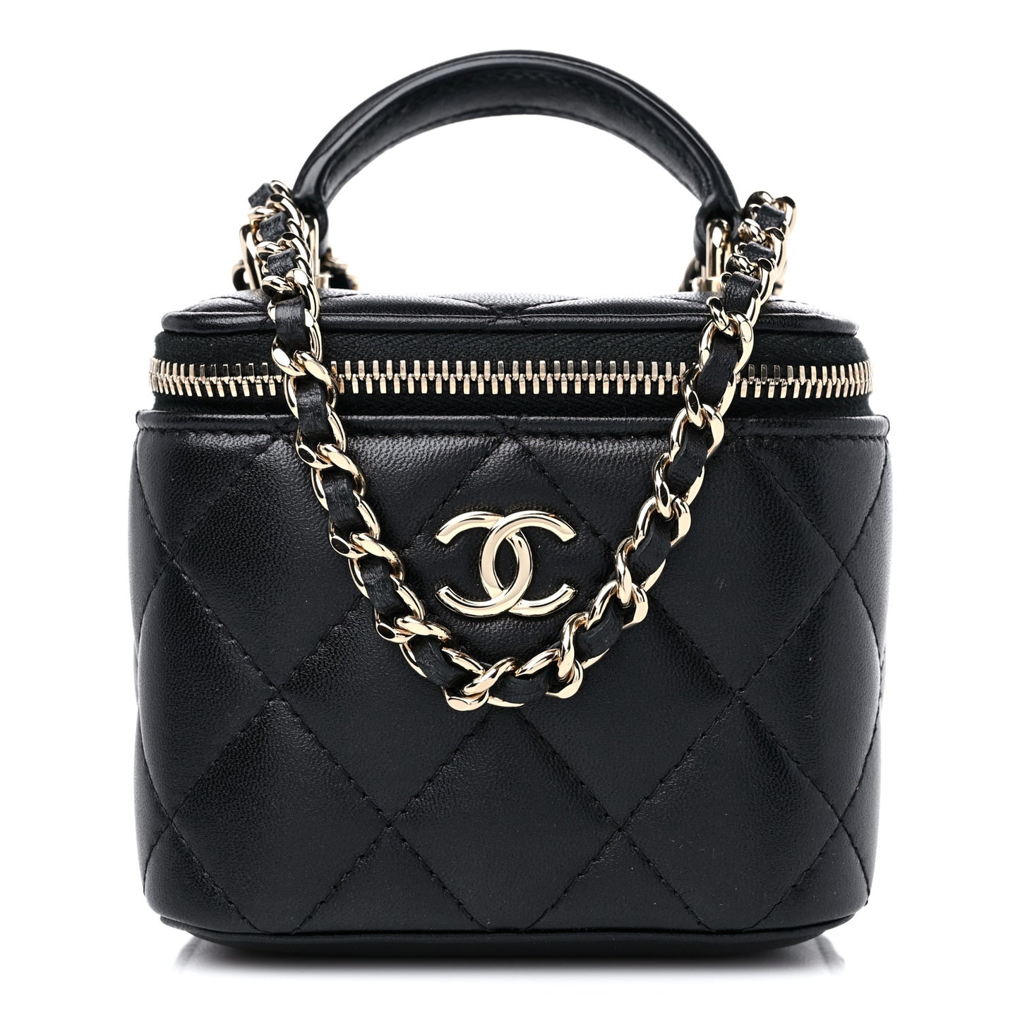 Lambskin Quilted Top Handle Mini Vanity Case With Chain Black