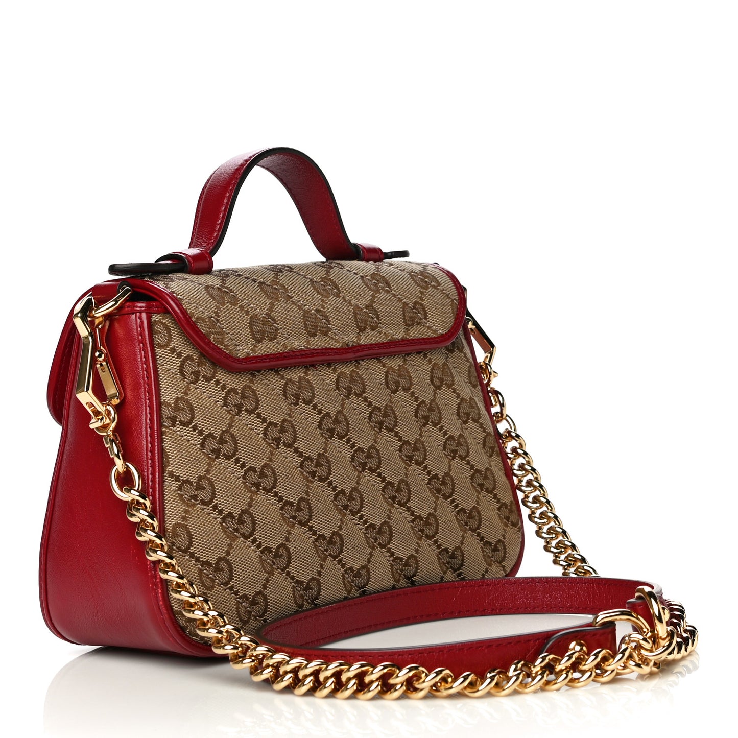 Monogram Glazed Calfskin Matelasse Diagonal Mini GG Marmont Top Handle Shoulder Bag Beige Ebony New Cherry Red