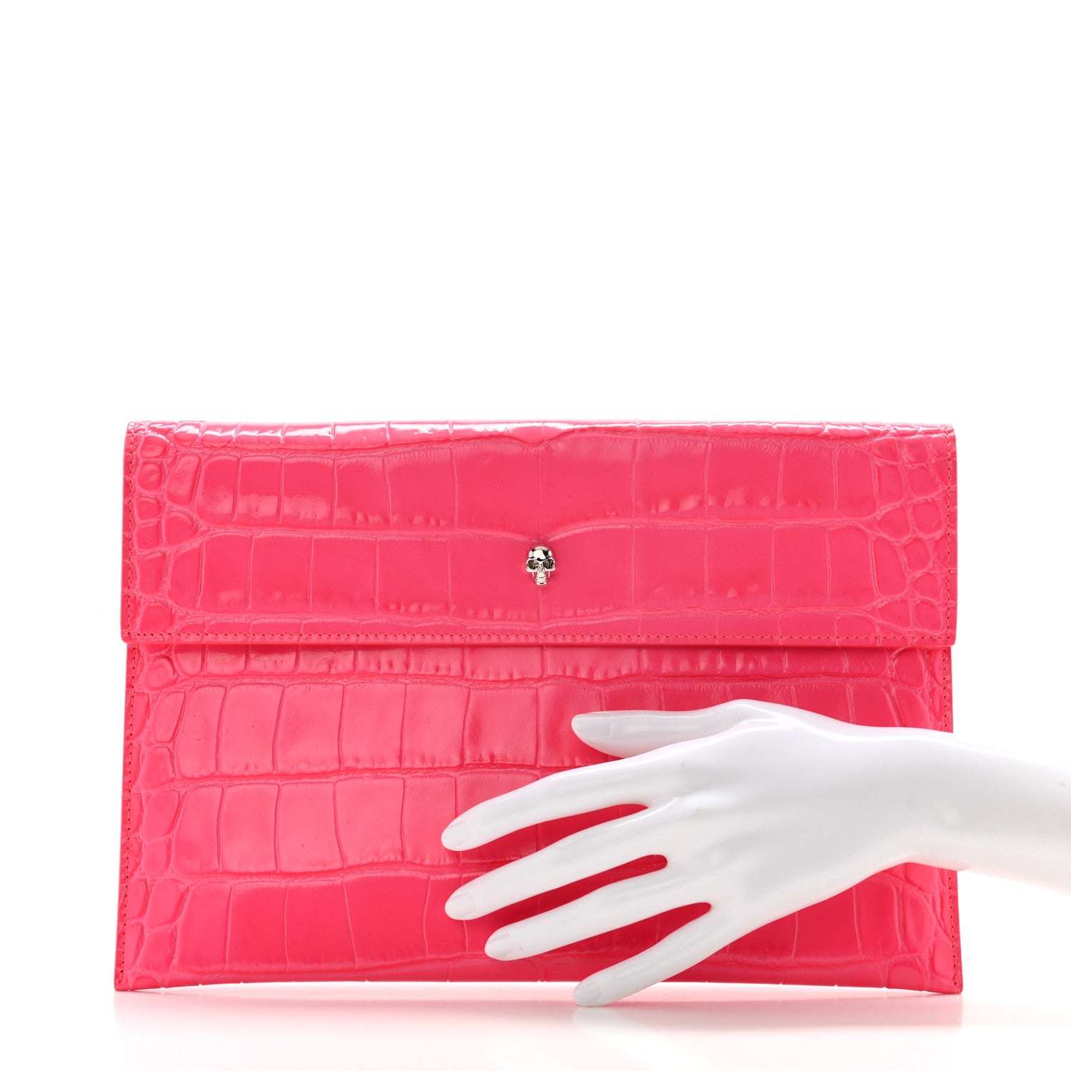 Alexander McQueen Calfskin Crocodile Embossed Skull Envelope Clutch Pink 2 of 11