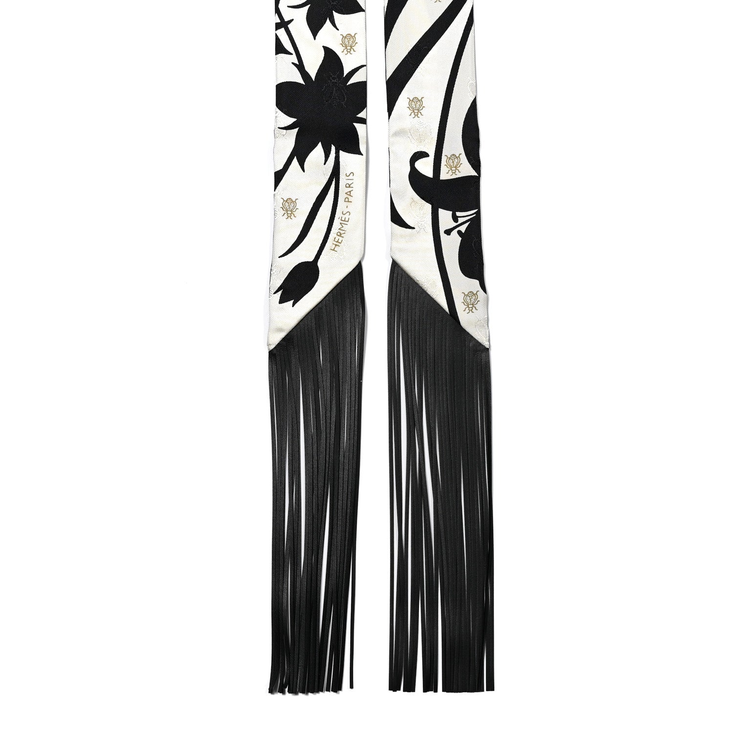 Hermes Silk Calfskin Bouquet Final Fringed Twilly Creme Black 2 of 4